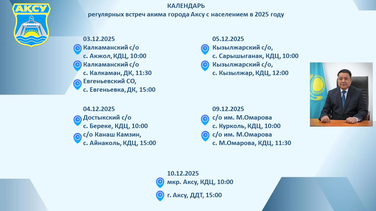 КАЛЕНДАРЬ регулярных встреч акима города с населением в 2025 году
