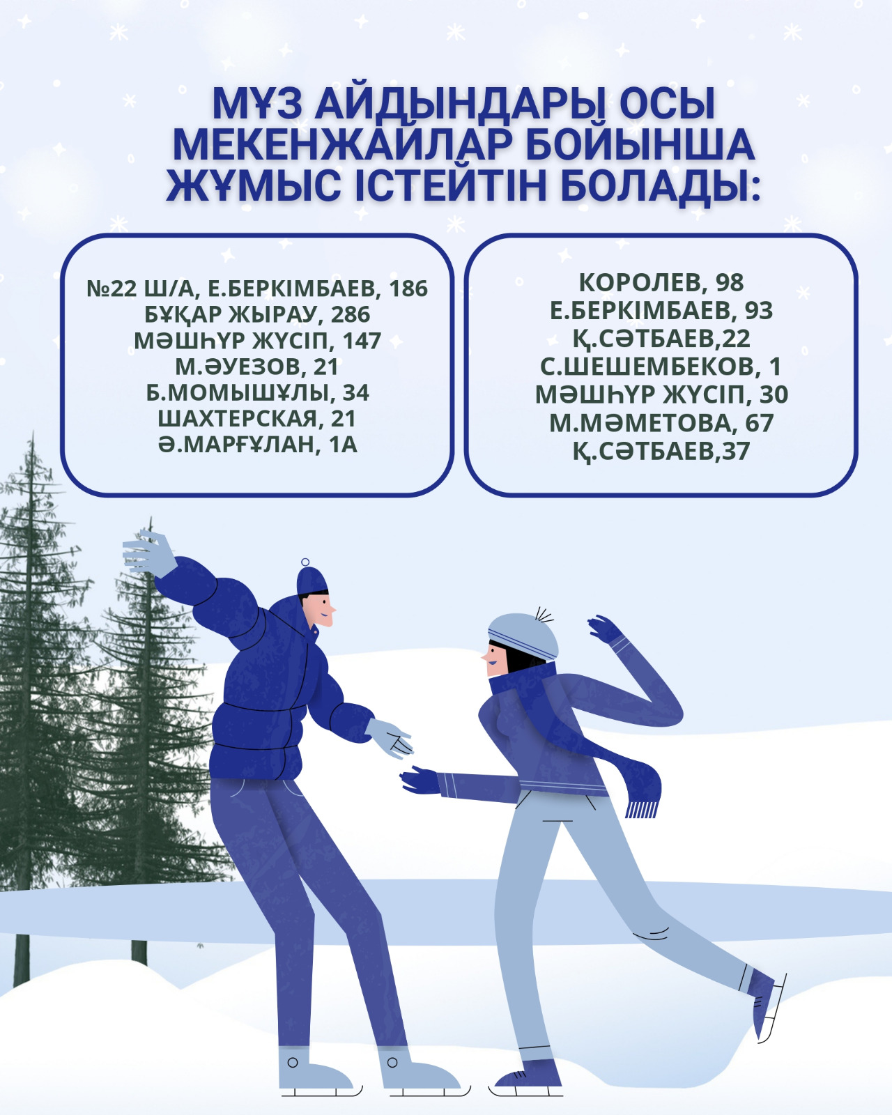 Мұз айдындары келесі мекенжайлар бойынша жұмыс істейтін болады