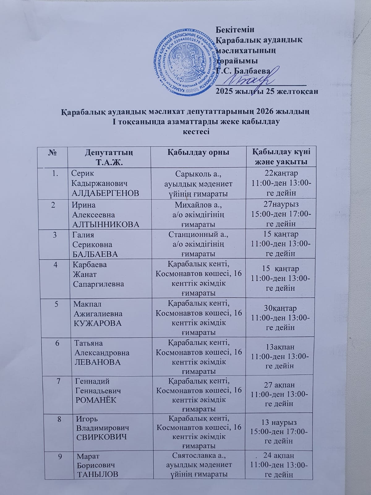 Қарабалық аудандық мәслихаты депутаттарының 2026 жылдың бірінші тоқсанына арналған азаматтарды қабылдау кестесі