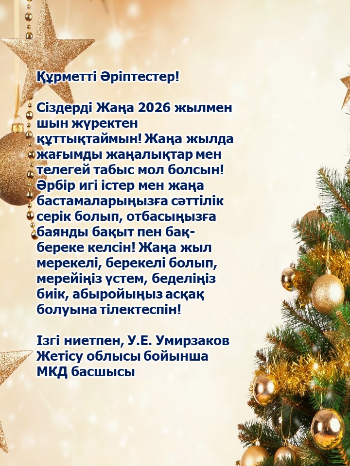 Жетісу облысы бойынша Мемлекеттік кірістер департаментінің басшысы У.Умирзактың Жаңа жылмен құттықтауы.