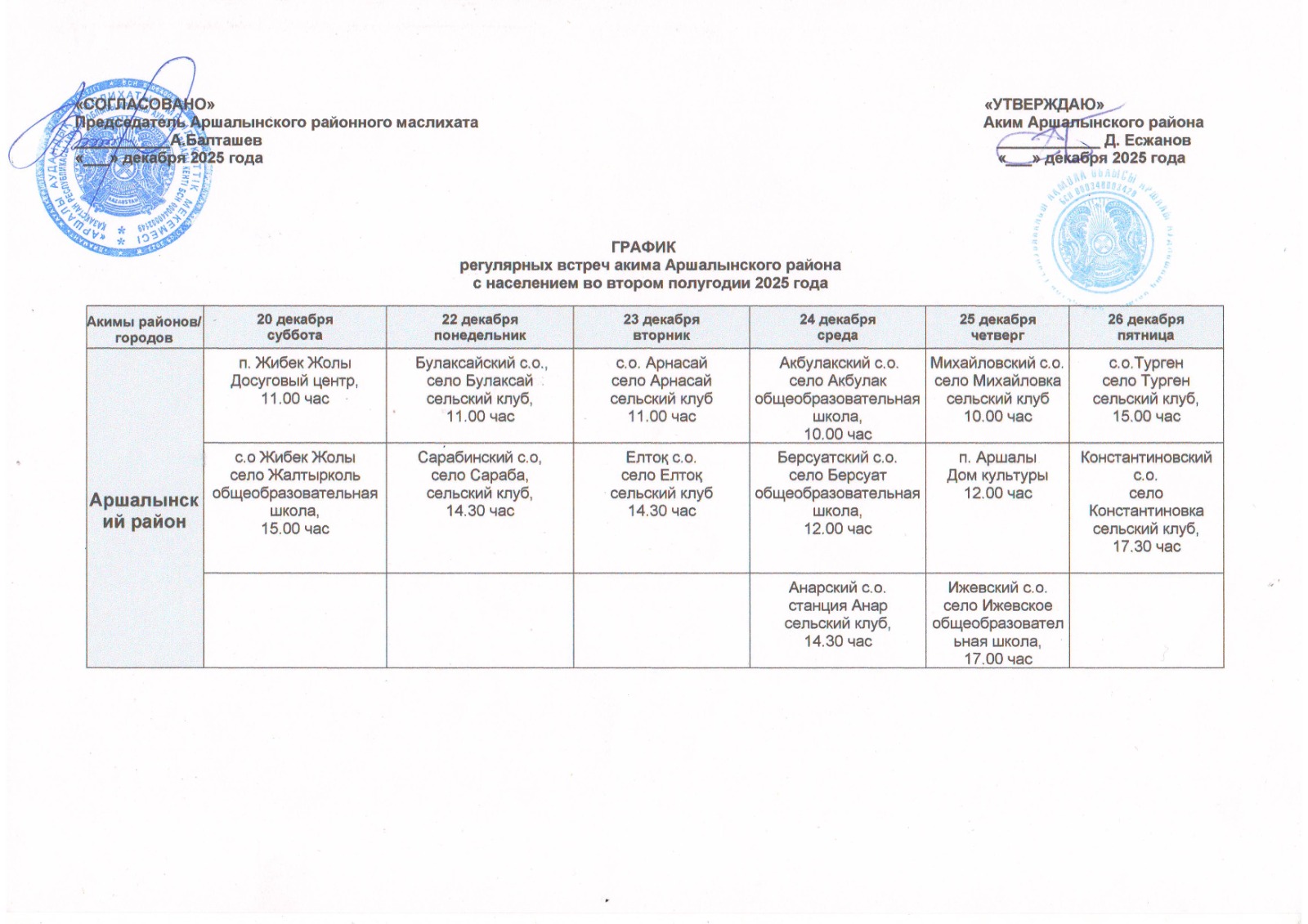 График регулярных встреч акима Аршалынского района с населением во 2 полугодии 2025 года