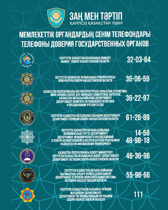 Helplines of government agencies in the North Kazakhstan region.