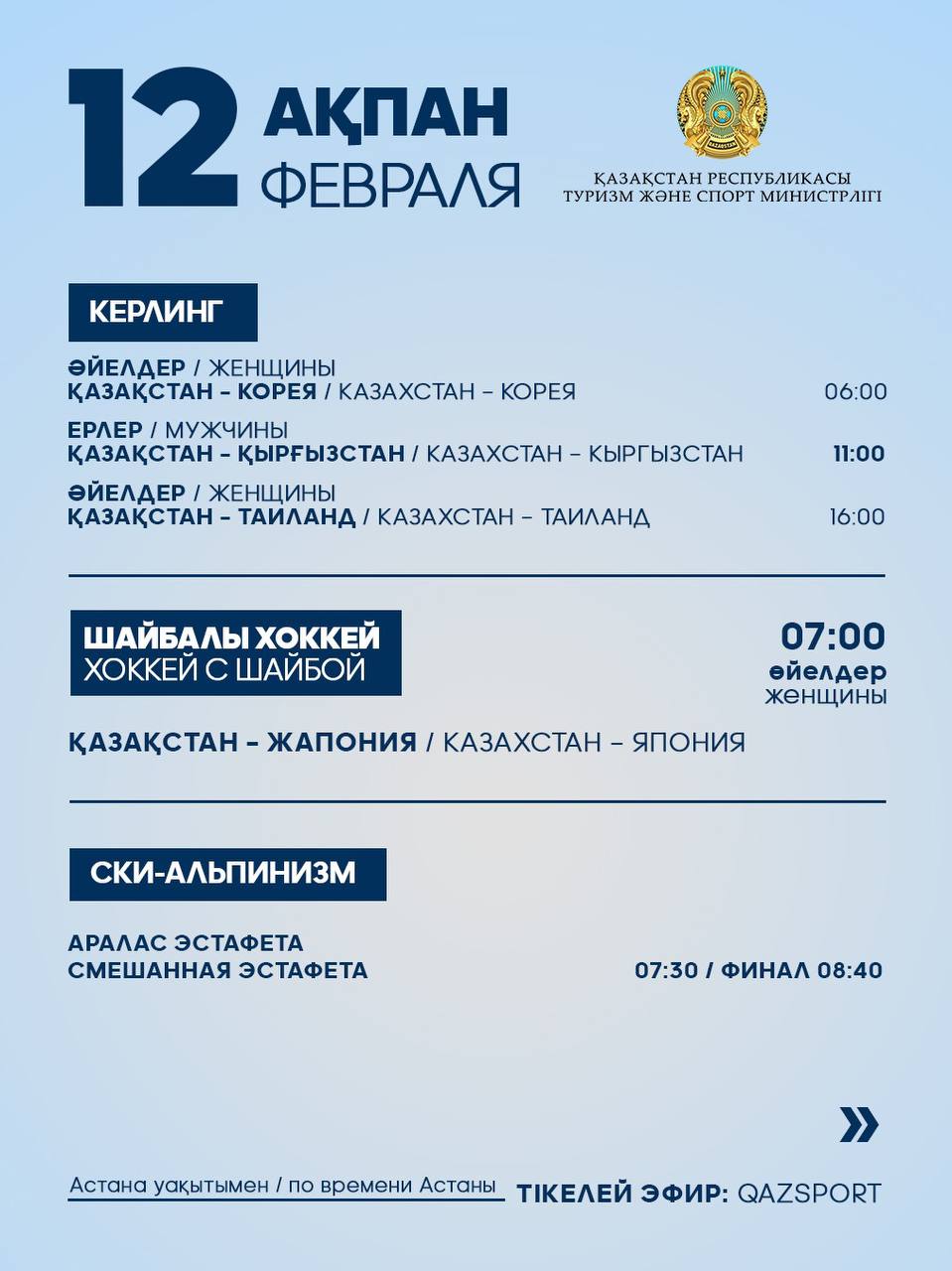ҚР Ұлттық құрамасының IX қысқы Азия ойындарындағы жарыс кестесі: 12 ақпан