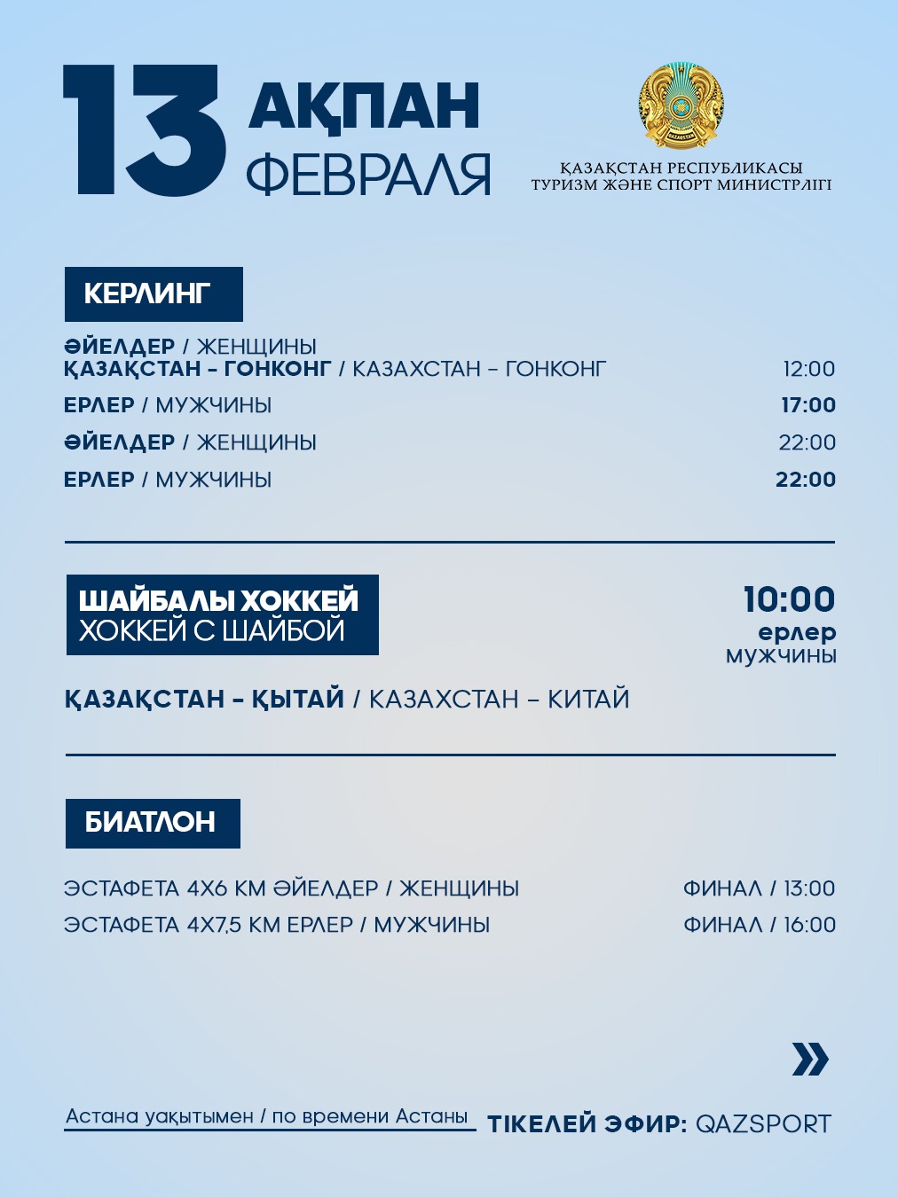 ҚР Ұлттық құрамасының IX қысқы Азия ойындарындағы жарыс кестесі: 13 ақпан