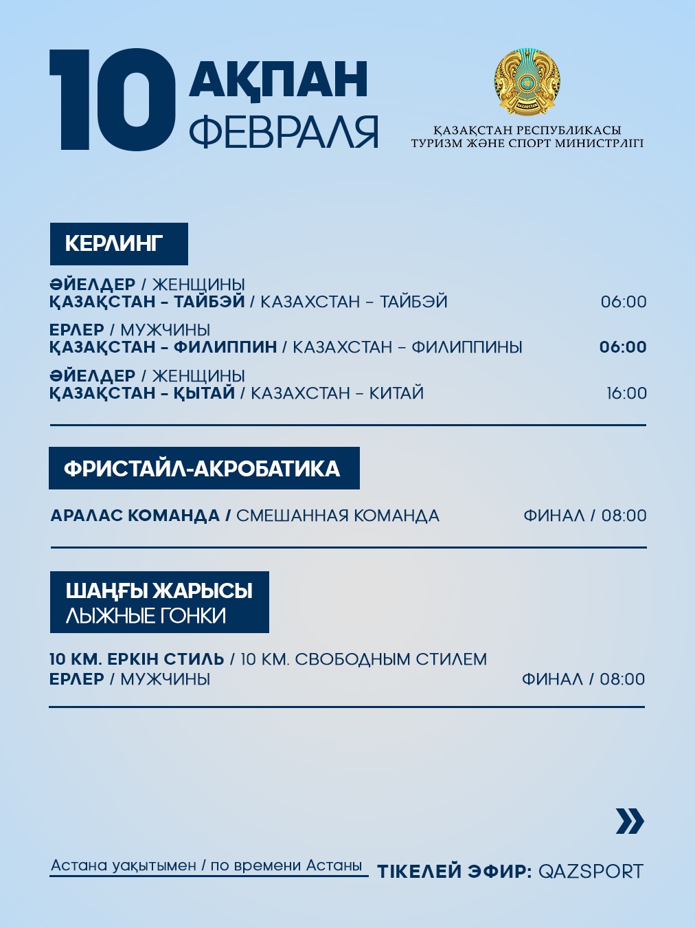 ҚР Ұлттық құрамасының IX қысқы Азия ойындарындағы жарыс кестесі: 10 ақпан