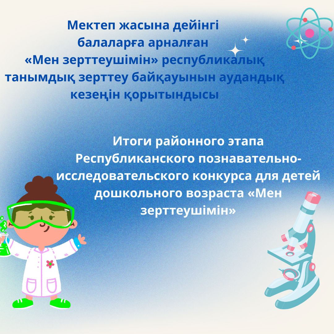 10 апреля  текущего года подведены итоги районного этапа Республиканского конкурса "Мен зерттеушімін". Нет более пытливого исследователя, чем ребенок. Маленький человек охвачен жаждой познания и освоения огромного нового мира. Начиная с самого раннего детства, ребенок исследует и познает окружающие его предметы. Опыты помогают развивать мышление, логику и творчество ребенка, позволяют показать связи между живым и неживым в природе. Исследования предоставляют ребенку самому найти ответы на вопросы "как?" и "почему?" Юные исследователи показали интересные опыты, были профессорами и ученными в своих   лабораториях.                                                      2-3 года 🥇1 место - воспитанник ясли сада «Болашақ»-Жеңіс Арлан 🥈2 место – воспитанники мини центра «Гүлдер» Давидович Милена, Коваленко Макар 🥉3 место - Давидович Милена, Коваленко Макар, Шмидт Ева, Вольская Виктория  Номинация «Жас эколог» - воспитанники ясли сада «Болашақ» - Нұржан Айлина,Букетов Имран  3-4 года 🥇1 место – воспитанники мини центра «Ақ бота» - Хасенов Таир, Ниязова Альбина 🥈2 место – воспитанница ясли сада «Болашақ» - Подчасова Дарья 🥉3 место – воспитанница ясли сада «Болашақ» - Дулат Марьям 🥉3 место – воспитанница ясли сада «Болашақ» - Трофимова Юстина   4-5 лет 🥇1 место – воспитанница ясли сада «Болашақ» Тупицына Александра  🥈2 место – воспитанница ясли сада «Вишенка» - Гауфлер Ксения 🥈2 место – воспитанницы ясли сада «Болашақ» - Титовец Арина, Дюсембина Ясмина 🥈2 место – воспитанник ясли сада «Болашақ» - Ким Тамерлан 🥉3 место - воспитанница ясли сада «Болашақ» - Кеңес Айлана 🥉3 место – воспитанники ясли сада «Болашақ» - Нургалиева Нурай, Әлімтай Әлім 🥉3 место – воспитанники ясли сада «Болашақ» - Еремич Богдан, Урбанович Константин Номинация «Тапқып зерттеуші» - воспитанница ясли сада «Болашақ» - Арманова Айлин Номинация «Жас эколог» - воспитанники ясли сада «Вишенка» - Лисицкая Есения Номинация «Жаңалык жаршысы» - воспитанники ясли сада «Айголек» - Қабиболла Айбар, Жанбатыр Медина Номинация «Жаңалык жаршысы» - воспитанники мини центра при Краснокиевской СШ - Перницкий Никита, Бефус Илья  5-6 лет 🥇1 место – воспитанники предшкольного класса Яснополянской СШ - Яковчук Полина Николаевна, Вирт Полина Александровна 🥈2 место – воспитанники предшкольного класса Алаботинской СШ – Моисеенко Ульяна 🥉3 место – воспитанница предшкольного класса Вишневской СШ – Багинская Ксения 🥉3 место – воспитанник предшкольного класса Чермошнянской СШ – Шепшук Савелий   Победители (1 место) примут участие в областном этапе данного Республиканского конкурса. Желаем удачи!