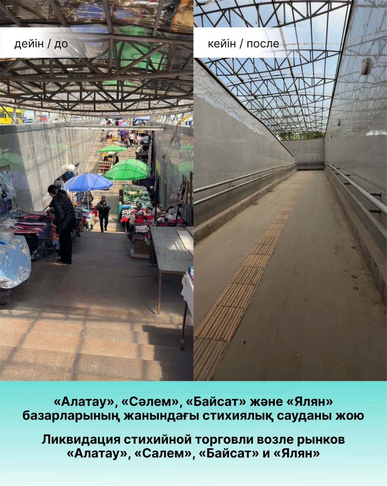 Алматыда «Ялян», «Алатау», «Сәлем» және «Байсат» базарларында 100-ден астам стихиялық сауда нүктелері жойылды