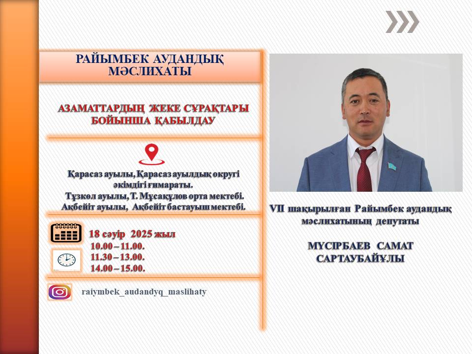 Райымбек аудандық мәслихат депутаттарының 2025 жылдың сәуір айы бойынша азаматтарды қабылдауы