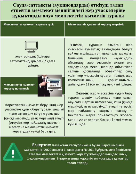 «Сауда-саттықты (аукциондарды) өткізуді талап етпейтін мемлекет меншігіндегі жер учаскелеріне құқықтарды алу» мемлекеттік қызметін туралы