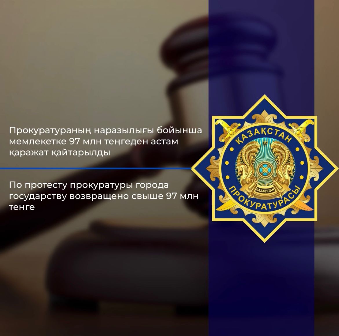 Прокуратураның наразылығы бойынша  мемлекетке 97 млн теңгеден астам қаражат қайтарылды