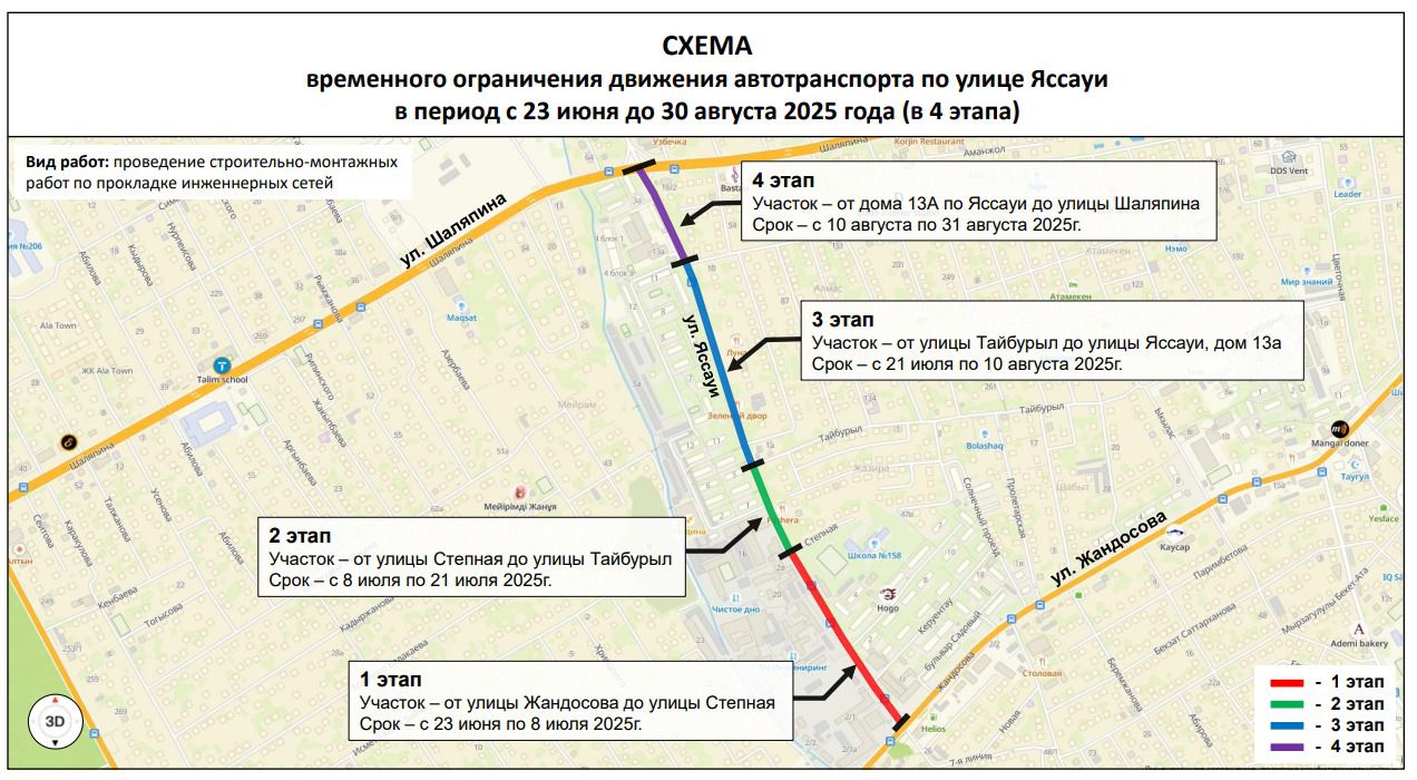 В Ауэзовском районе Алматы временно ограничат движение автотранспорта по улице Яссауи