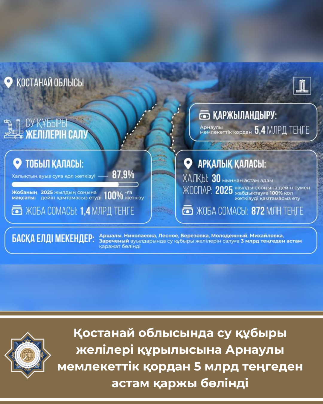 Қостанай облысында су құбыры желілері құрылысына Арнаулы мемлекеттік қордан 5 млрд теңгеден астам қаржы бөлінді