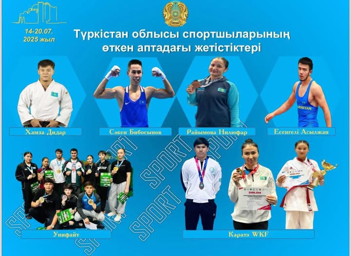 ТҮРКІСТАН ОБЛЫСЫ СПОРТШЫЛАРЫНЫҢ ӨТКЕН АПТАДАҒЫ ЖЕТІСТІКТЕРІ