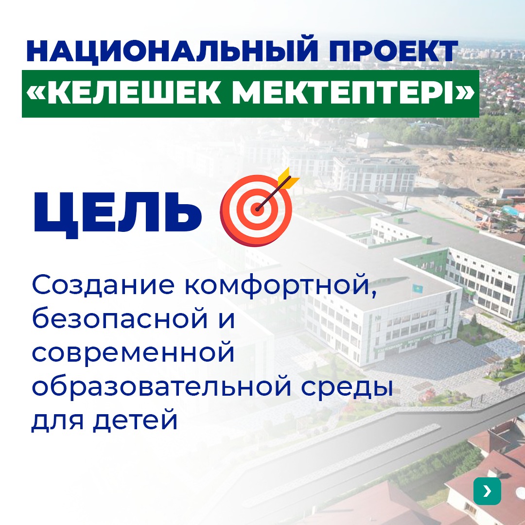 Национальный проект «Келешек мектептері» нацелен на решение вопросов дефицита ученических мест, ликвидации аварийных школ и трехсменного обучения.