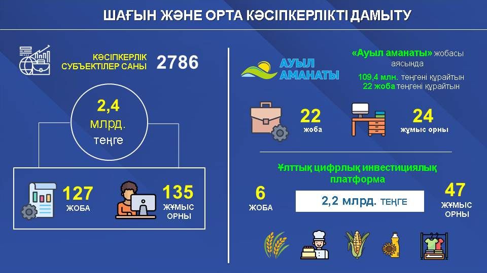 Қаржы институттары арқылы кәсіпкерлер ұсынған 127 жоба 2,4 млрд. теңгеге қаржыландырылып, 135 жаңа жұмыс орны ашылды.