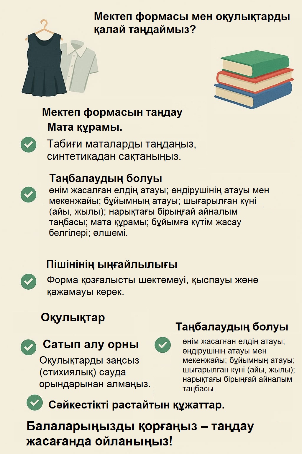Мектепке барамыз: мектеп формасы мен оқулықтарды дұрыс таңдау.