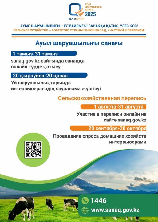 📌Елімізде 2025 жылдың 1 тамызы мен 20 қазаны аралығында ұлттық ауыл шаруашылығы санағы өткізіледі.