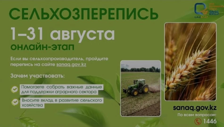 С 1 по 31 августа в Казахстане пройдет первый этап Национальной сельскохозяйственной переписи. В этот период все участники смогут пройти ее онлайн на сайте sanaq.gov.kz.