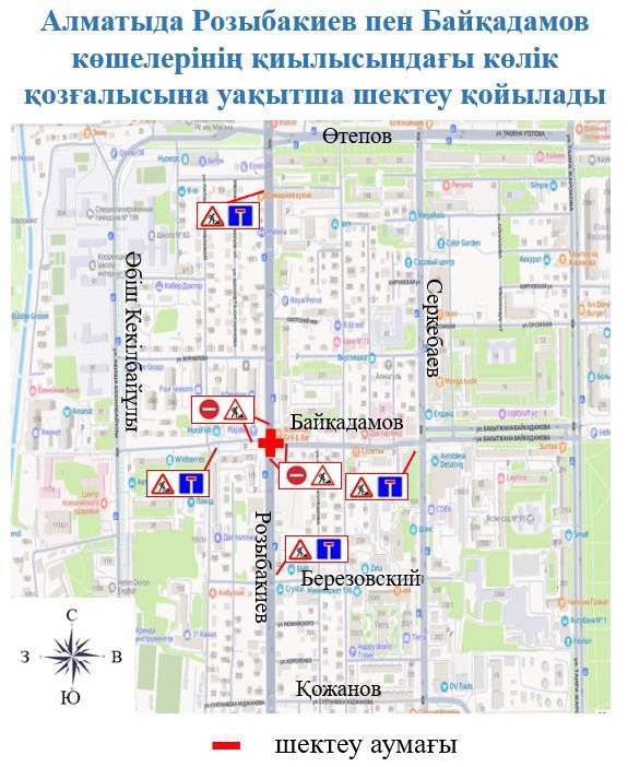 Алматыда Розыбакиев пен Байқадамов көшелерінің қиылысында құбыр ауыстыру үшін көлік қозғалысы уақытша шектеледі