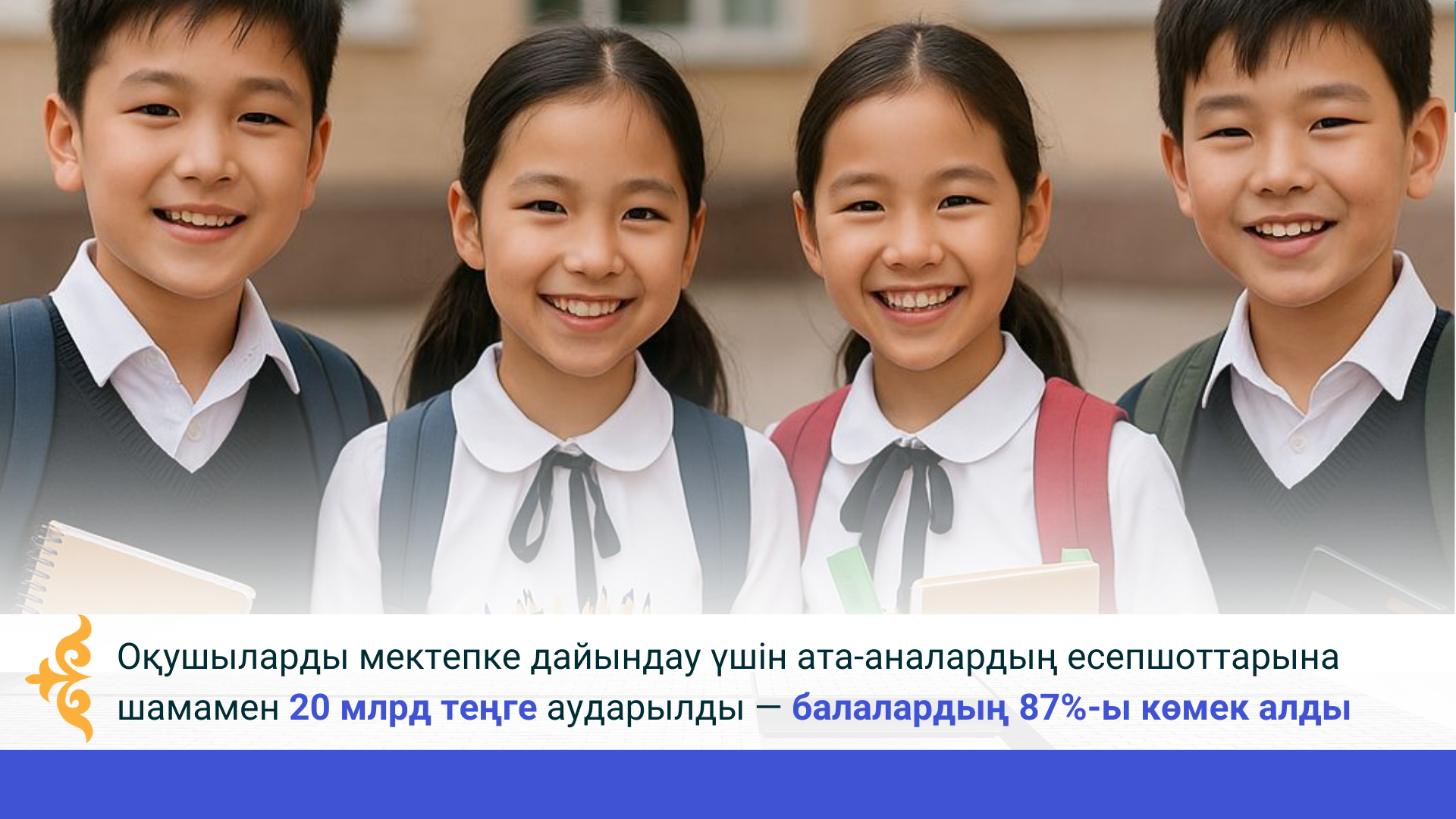 Оқушыларды мектепке дайындау үшін ата-аналардың есепшоттарына шамамен 20 млрд теңге аударылды — балалардың 87%-ы көмек алды