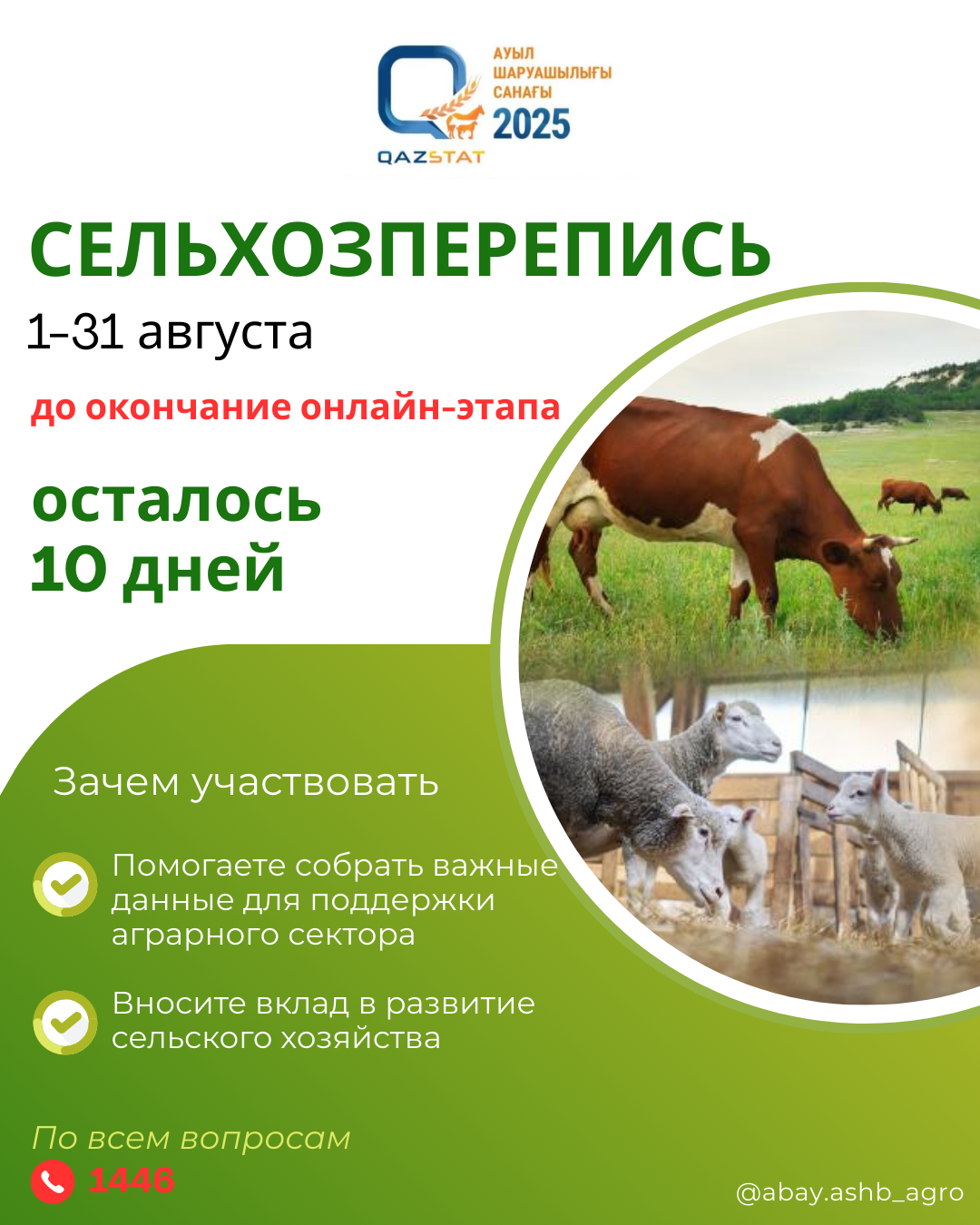 До окончания онлайн-этапа Национальной сельскохозяйственной переписи в Казахстане осталось 10 дней