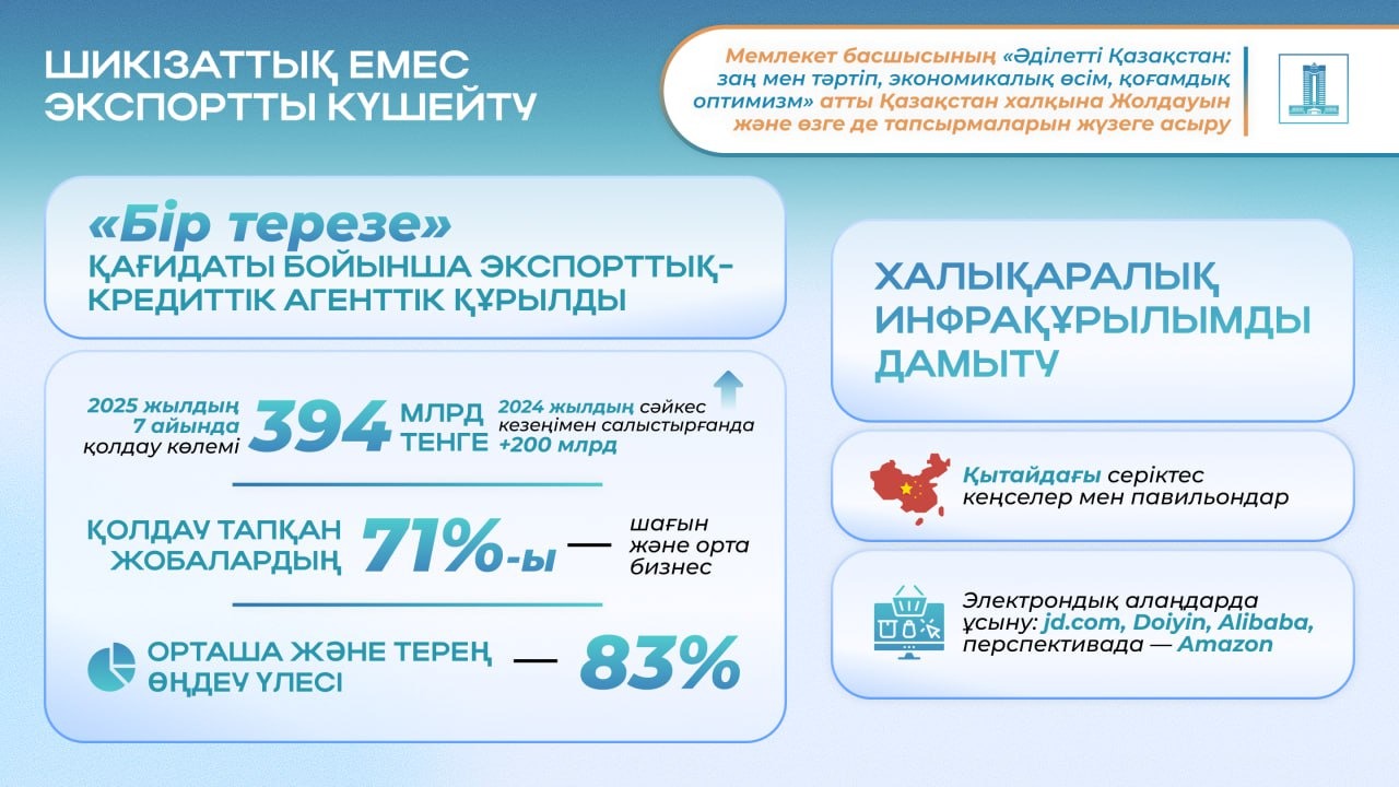 Президент жолдауындағы тапсырмаларды орындау: шикізаттық емес экспортты қаржылай қолдау көлемі 394 млрд теңгеге жетті