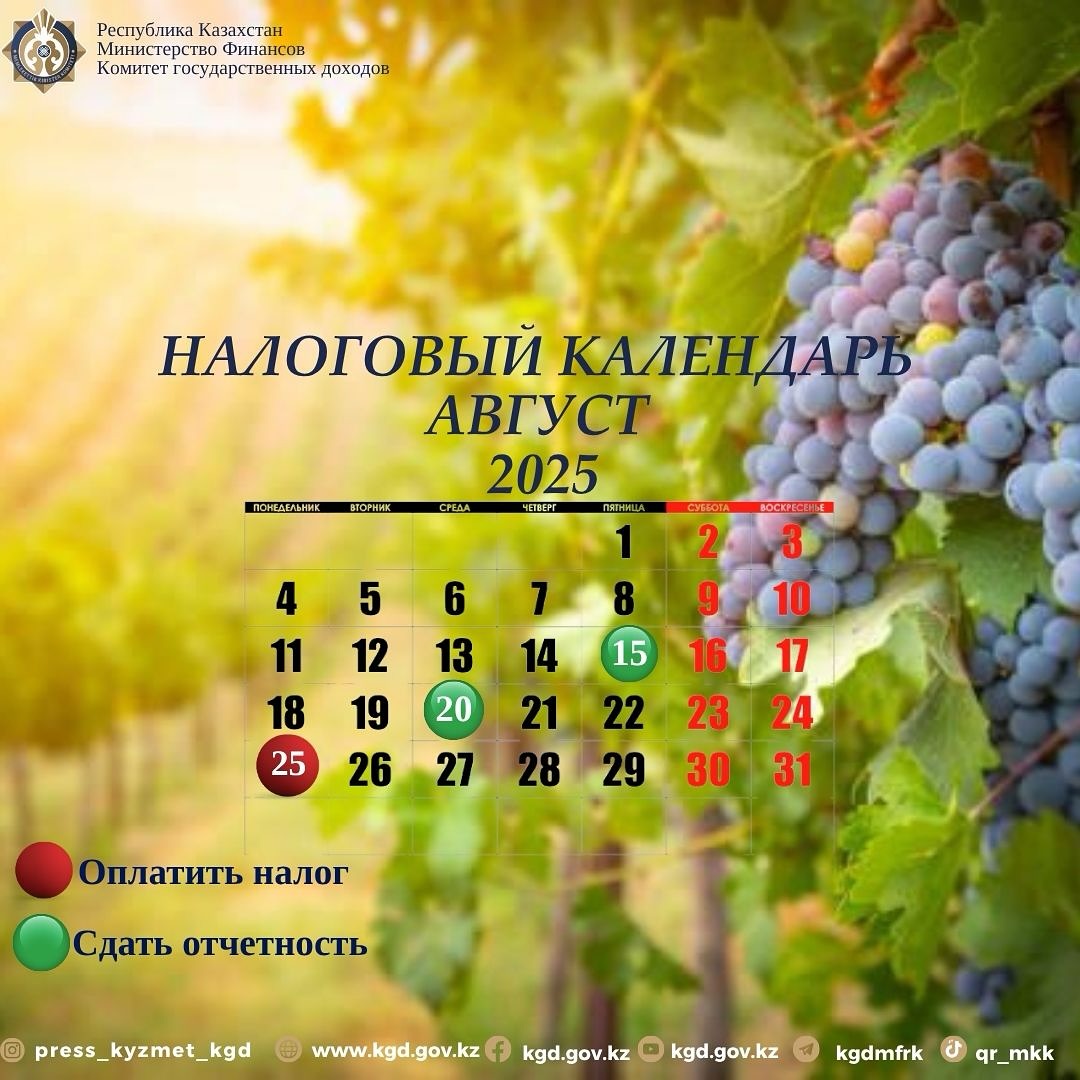 НАЛОГОВЫЙ КАЛЕНДАРЬ НА АВГУСТ
