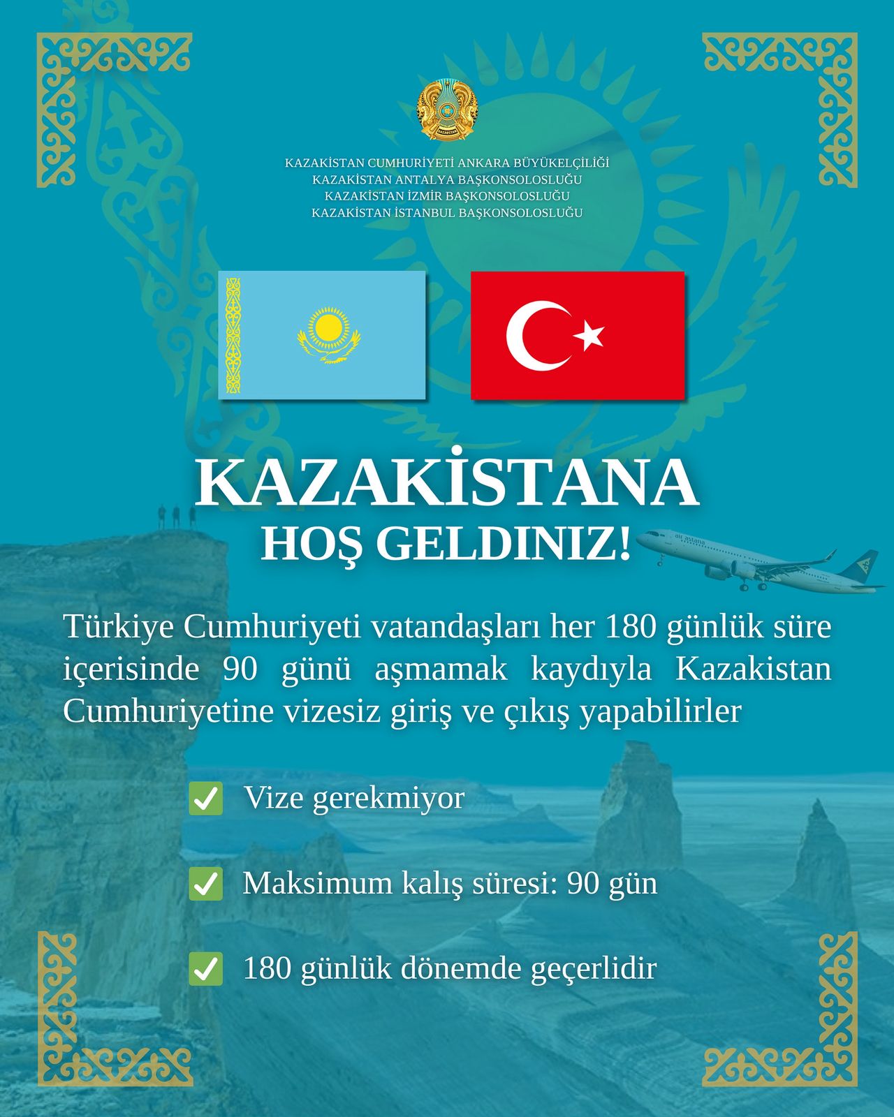 Türkiye vatandaşları, vizesiz olarak 90 güne kadar Kazakistan'da kalabilecekler