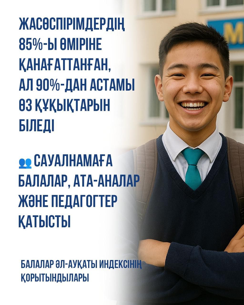 Қазақстанда балалардың әл-ауқаты деңгейі зерттелді: жасөспірімдердің 85%-ы өз өміріне қанағаттанады, құқықтық қорғалу деңгейі 90%-дан жоғары