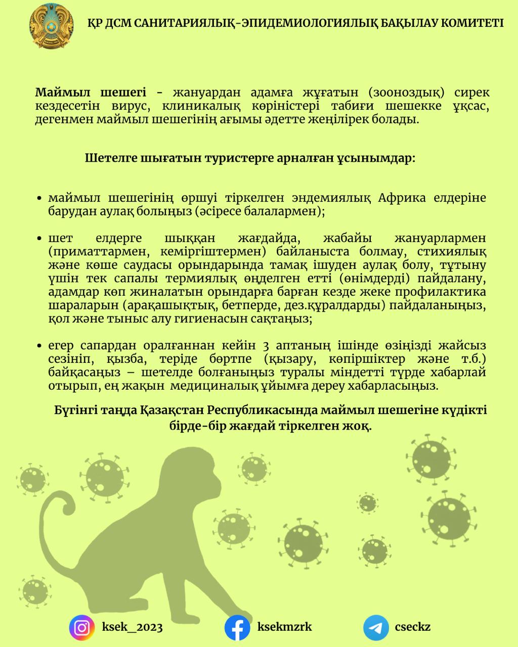 Маймыл шешегінің алдын алу шаралары туралы туристерге арналған ұсынымдар