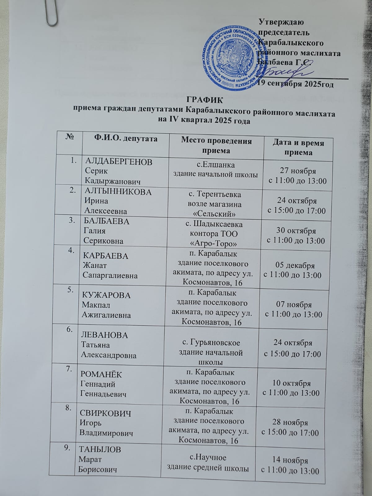 Қарабалық аудандық мәслихат депутаттарының 2025 жылғы IV тоқсанға азаматтарды қабылдау кестесі