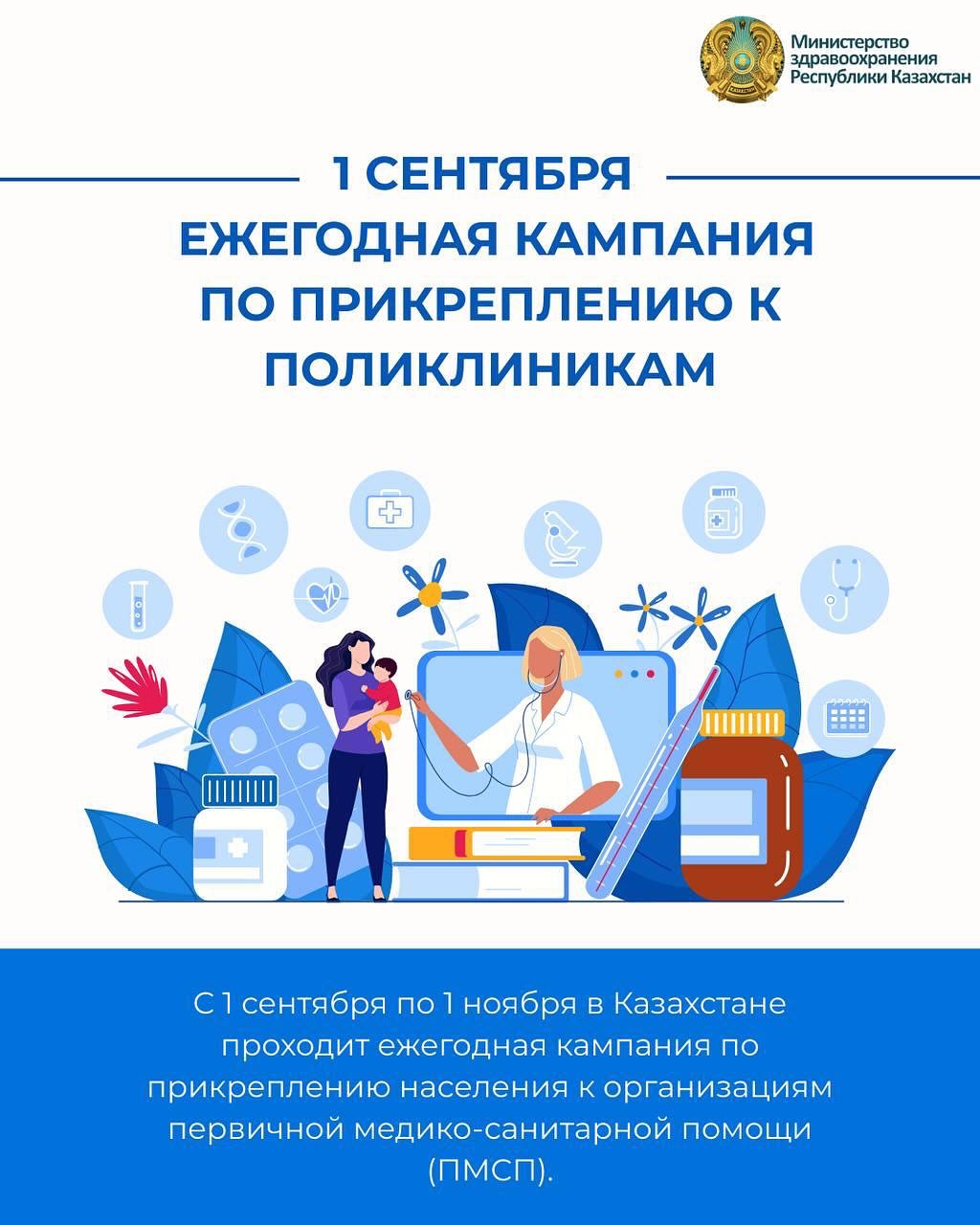 Уважаемые жители! С 1 сентября по 1 ноября 2025 года в Казахстане проводится кампания свободного прикрепления к поликлиникам