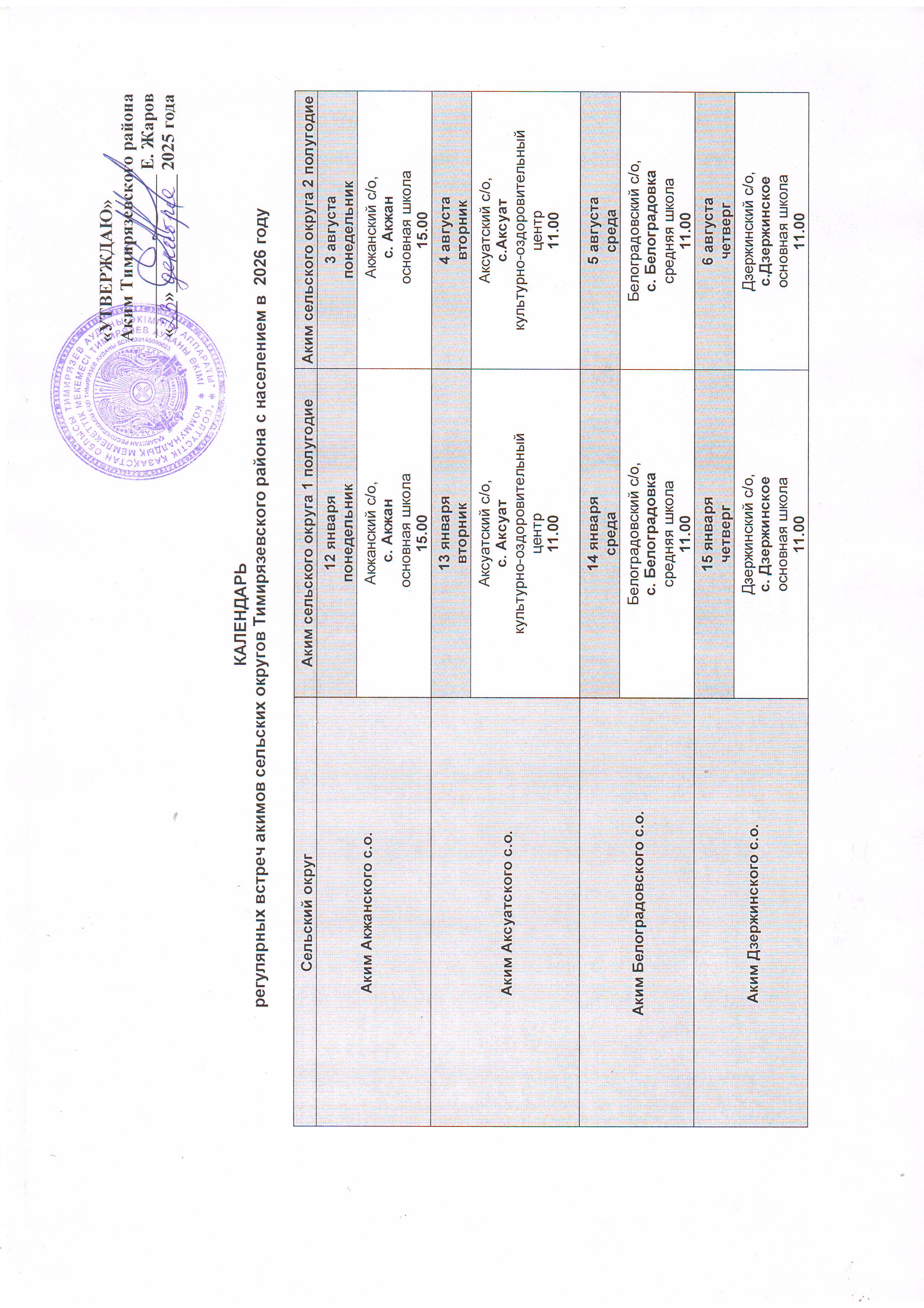 График встреч акимов сельских округов с населением в 2026 году