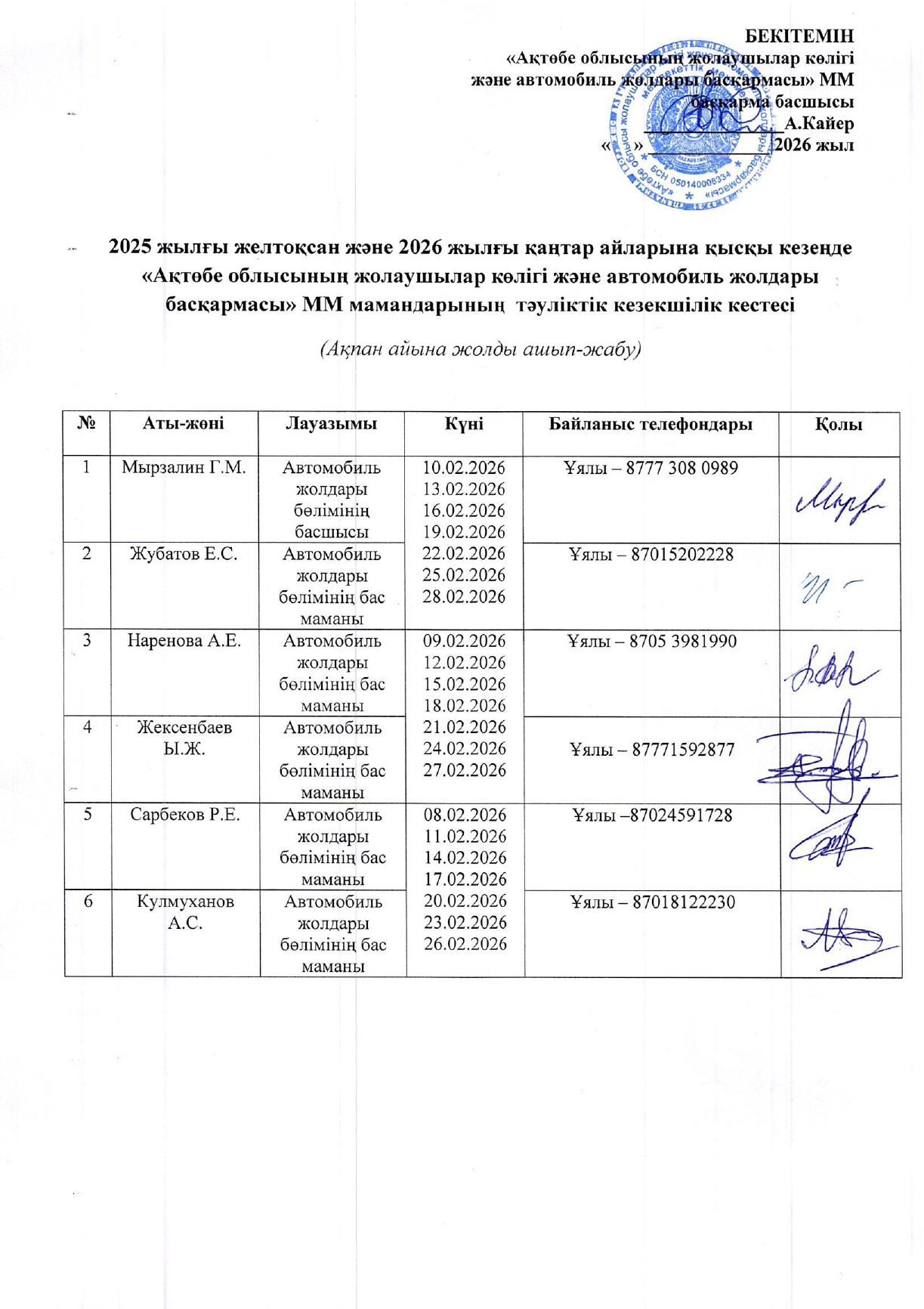 Ақпан айына жолдарда қысқы кезекшілік кестесі