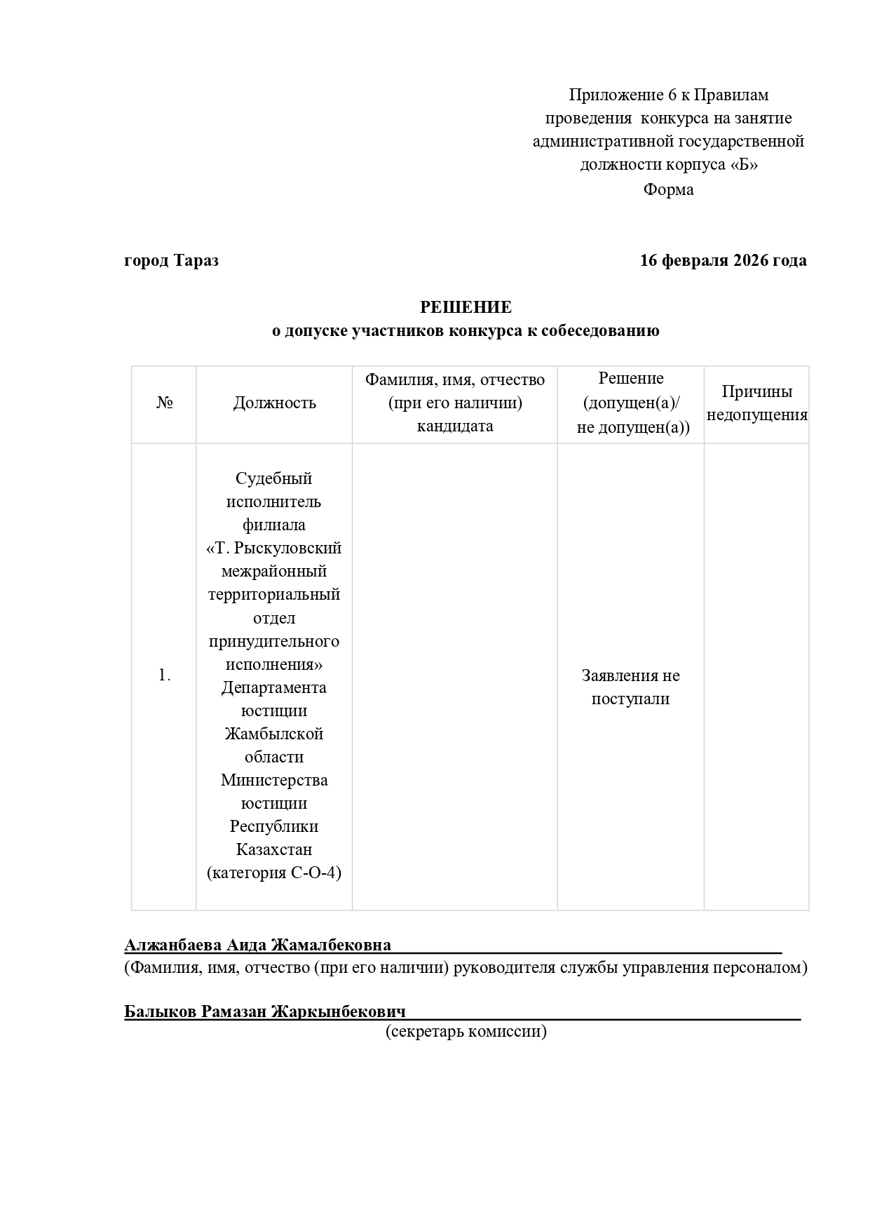 Конкурс среди госслужащих среди органов юстиции не состоялся в связи с отсутствием кандидатов.