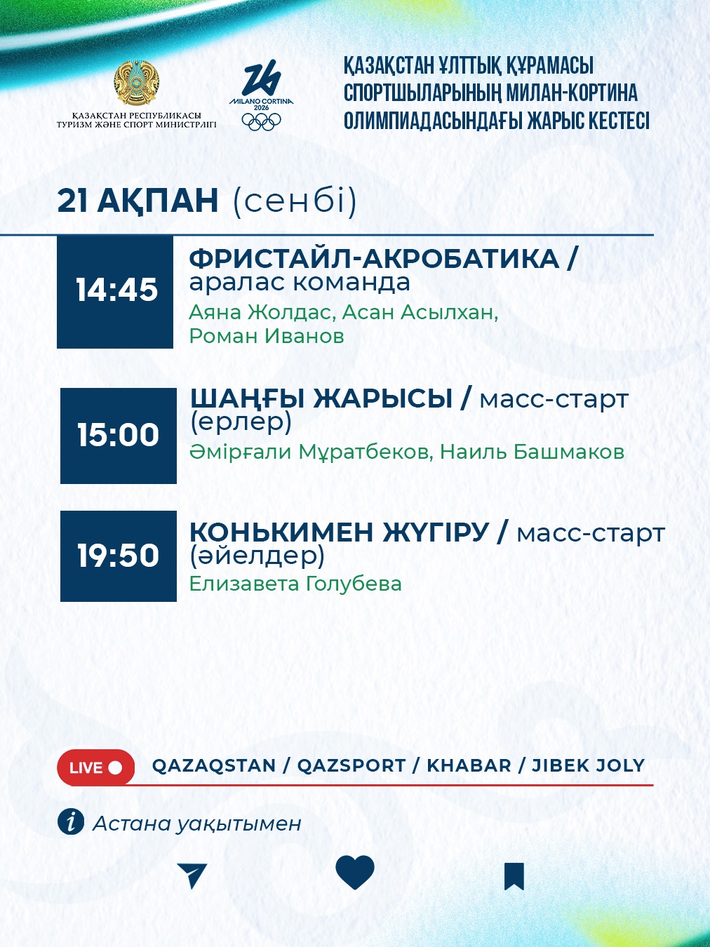 Зимние Олимпийские Игры в Милане и Кортина-д’Ампеццо-2026: Расписание стартов на 21 февраля