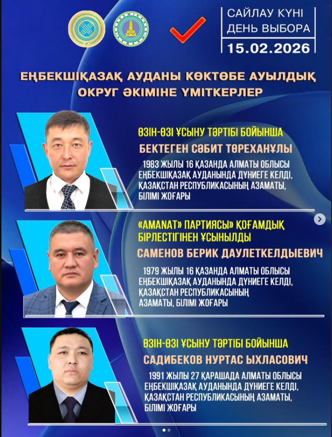 Еңбекшіқазақ ауданы Көктөбе ауылдық округі әкіміне үміткерлер
