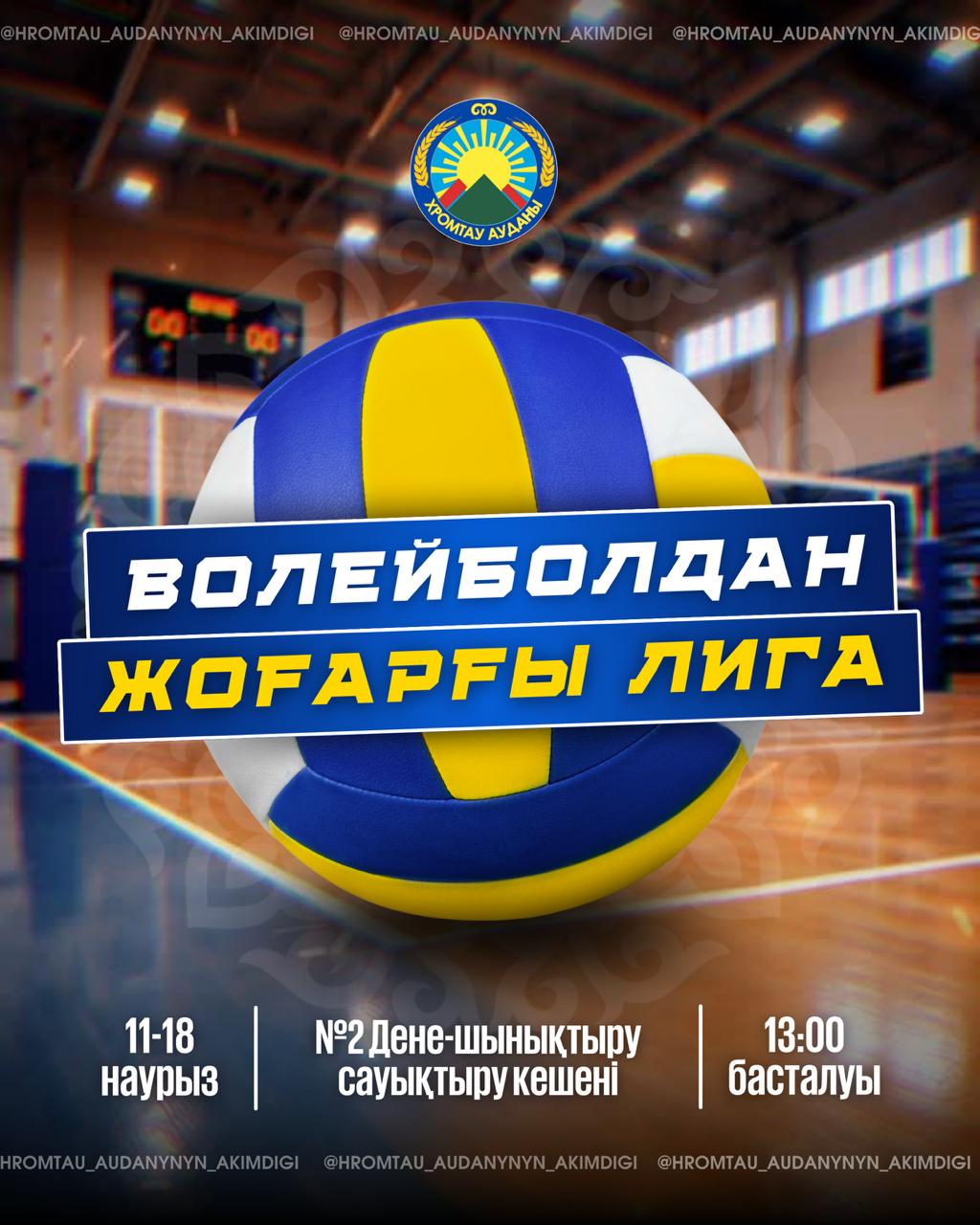 Хромтау қаласында волейболдан әйелдер командалары арасындағы «Жоғарғы лига» Қазақстан Республикасы біріншілігі 12–18 наурыз күндері өтеді.