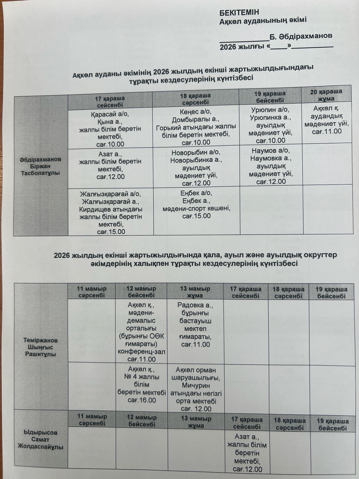 2026 жылдың 2 жартыжылдығына есепті кездесулер кестесі