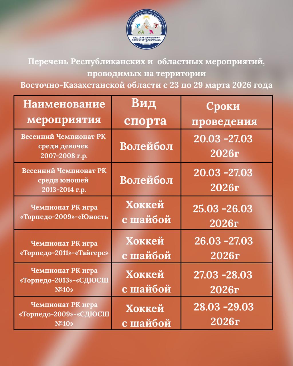 Перечень Республиканских и областных мероприятий, проводимых на территории Восточно-Казахстанской области с 23 по 29 марта