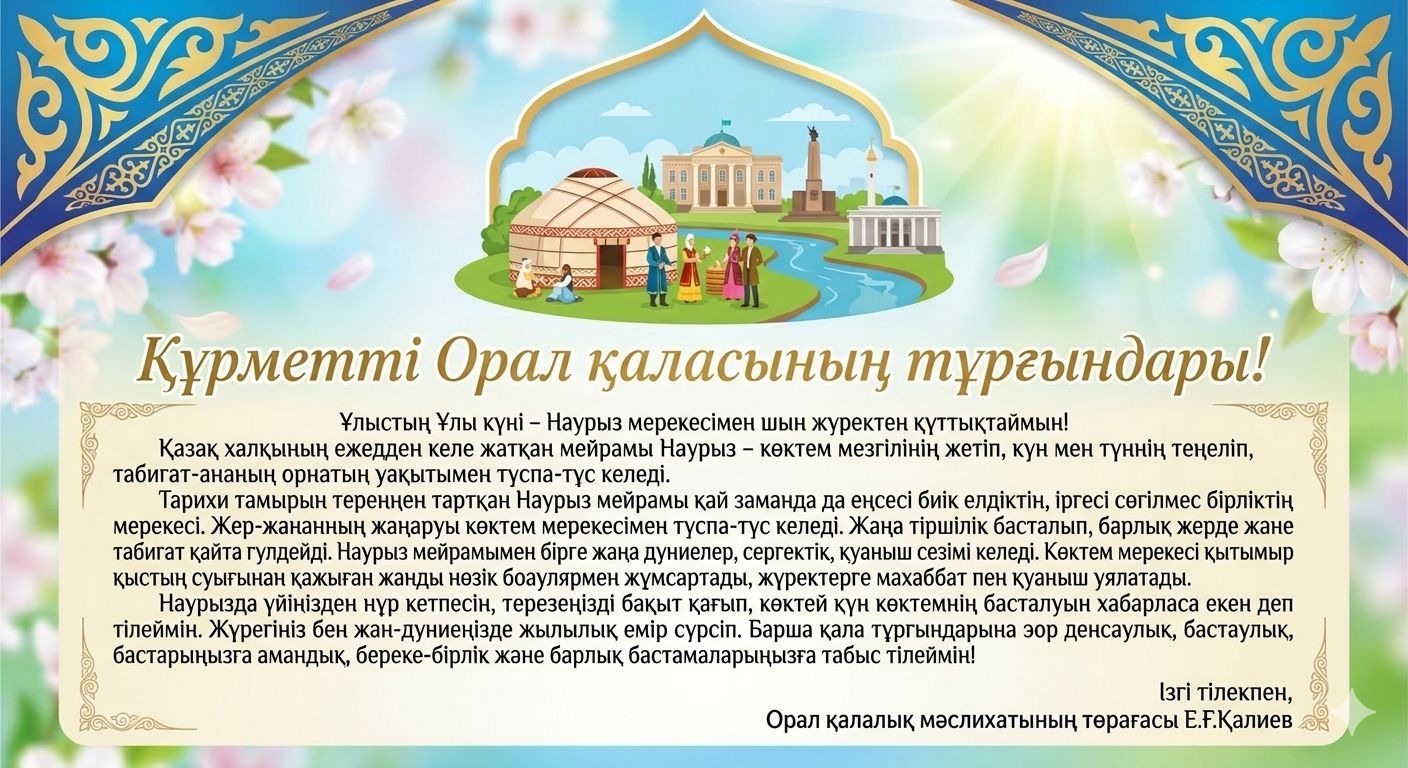 Құрметті Орал қаласының тұрғындары!  	Ұлыстың Ұлы күні - Наурыз мерекесімен шын жүректен құттықтаймын!