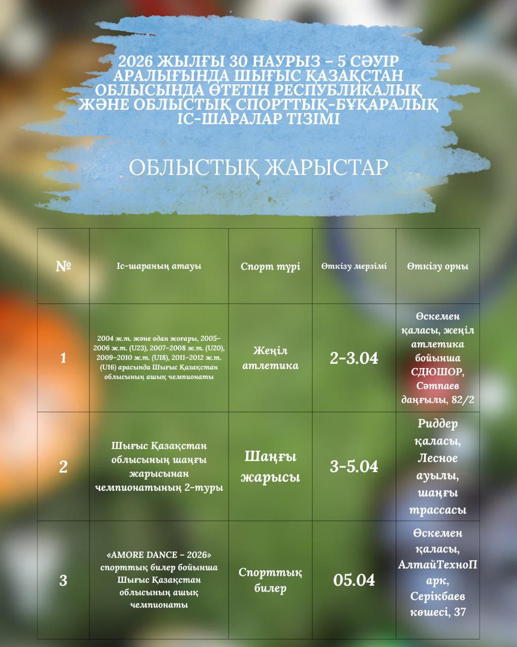 2026 жылғы 30 наурыз-5 сәуір аралығында Шығыс Қазақстан облысында өтетін республикалық және облыстық спорттық-бұқаралық іс-шаралар тізімі