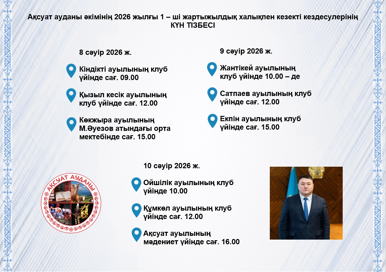 Аудан әкімі Е.К.Ескендіровтің 2026 жылғы 1 – ші жартыжылдық бойынша халықпен кезекті кездесулері өтеді
