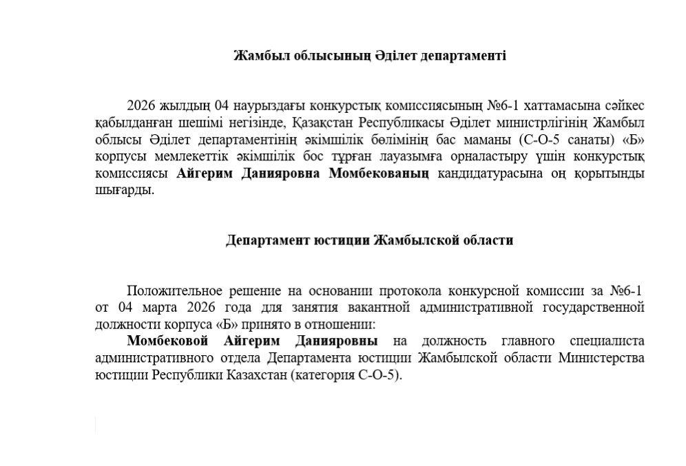 Конкурс комиссиясының оң қорытындысын алған кандидаттардың тізімі