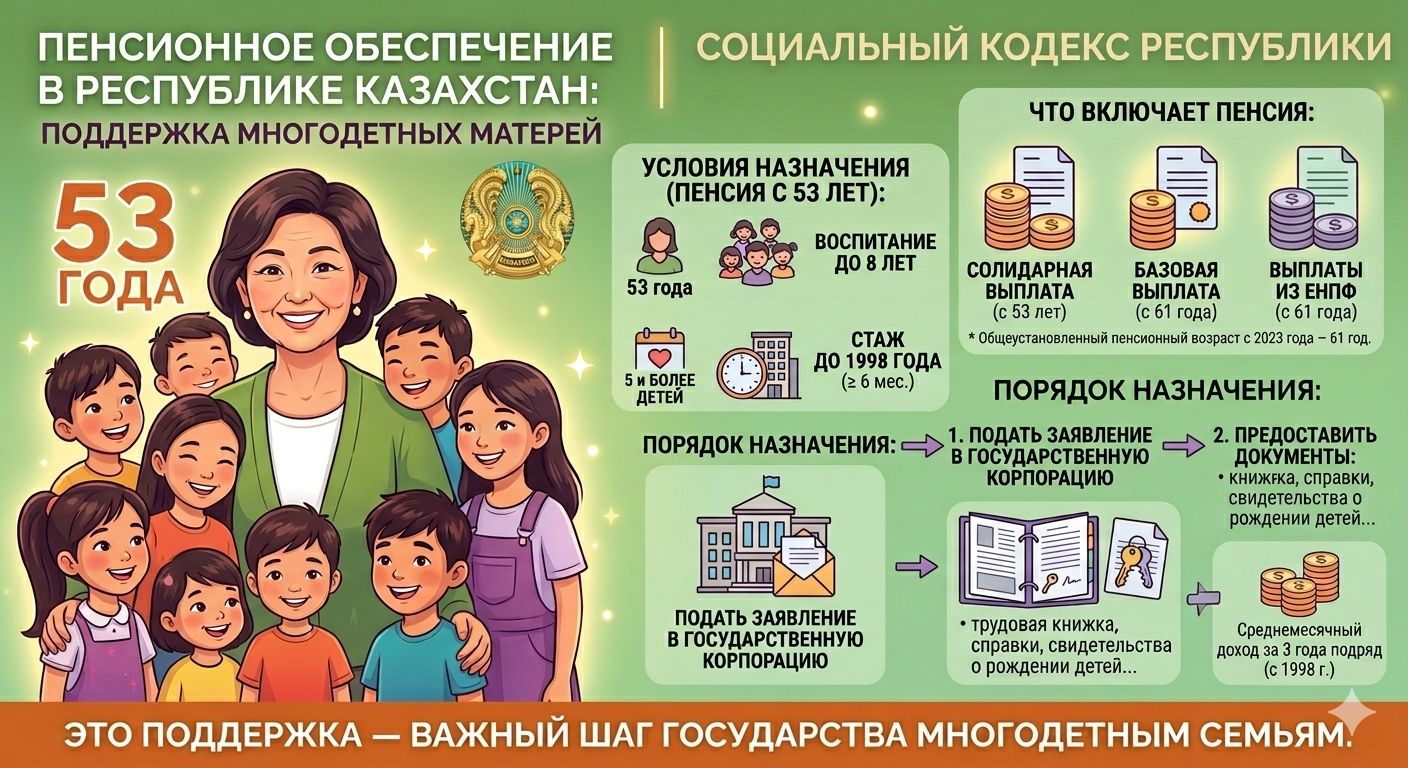 Пенсионное обеспечение в Республике Казахстан осуществляется в соответствии с Социальным Кодексом Республики Казахстан, женщины, родившие (усыновившие, удочерившие) 5 и более детей и воспитавшие их до восьмилетнего возраста, имеют право на пенсионные выплаты по возрасту по достижению 53-х лет.
