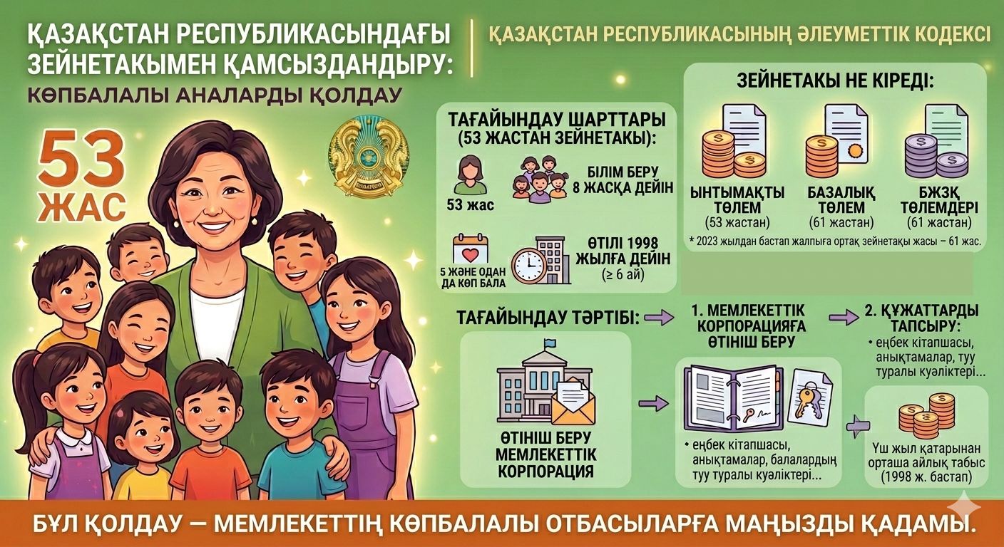 Қазақстан Республикасында зейнетақымен қамтамасыздандыру Қазақстан Республикасының Әлеуметтік кодексіне сәйкес жүзеге асырылады, 5 және одан да көп бала туып (асырап алған) және оларды сегіз жасқа дейін тәрбиелеген әйелдердің 53 жасқа толған жасына байланысты зейнетақы төлемдеріне құқығы бар.