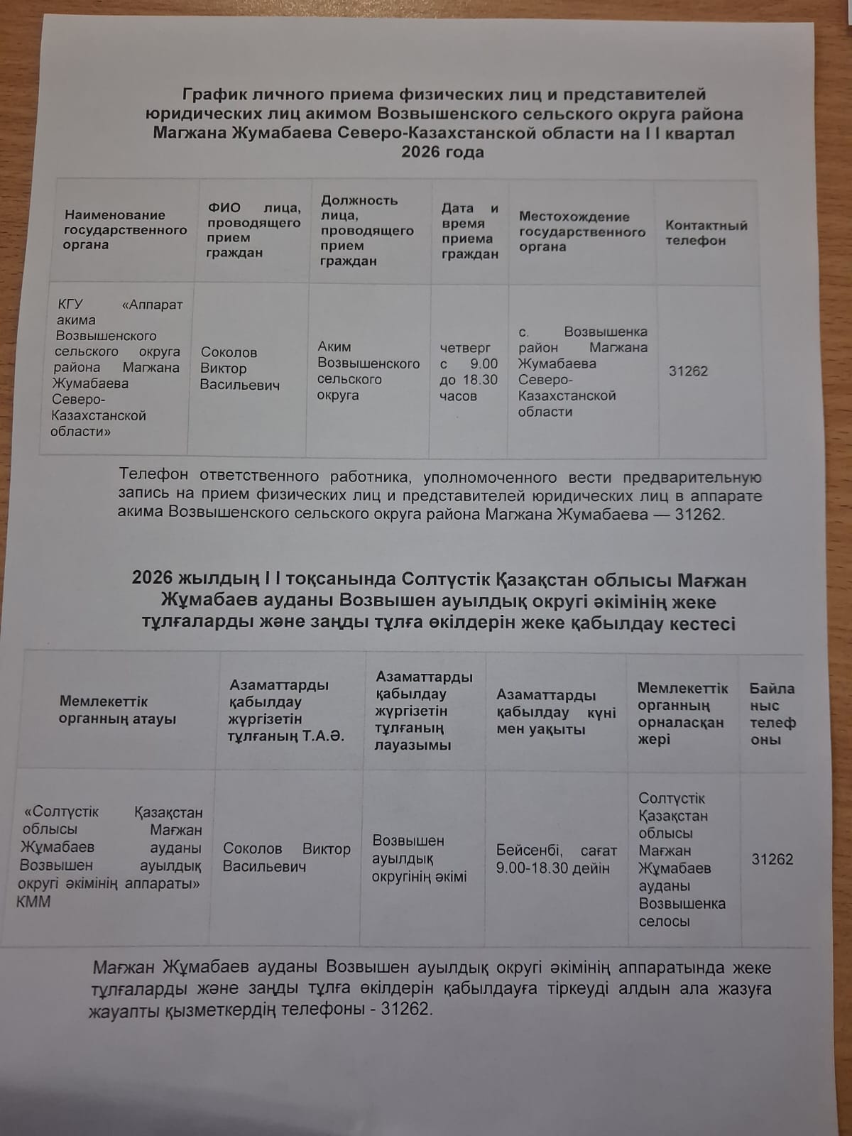 График личного приема физических лиц и представителей юридических лиц акимом Возвышенского сельского округа района Магжана Жумабаева Северо-Казахстанской области на 2 квартал 2026 года