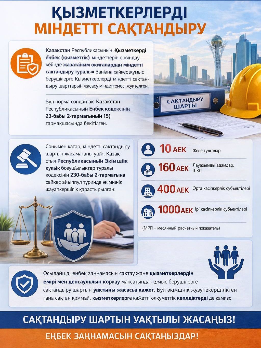 Жұмыс берушілер үшін қызметкерді еңбек (қызметтік) міндеттерін атқару кезінде оны жазатайым оқиғалардан міндетті сақтандыру туралы еске салу