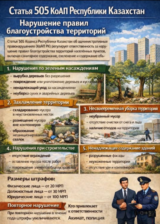 Қазақстан Республикасы ӘҚБтК 505-бабы аумақтарды абаттандыру қағидаларын бұзу