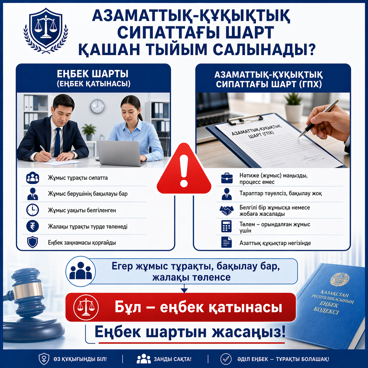 🔴 МАҢЫЗДЫ: еңбек қатынастары белгілері болған жағдайда азаматтық-құқықтық сипаттағы шартты&nbsp;жасауға тыйым салынады